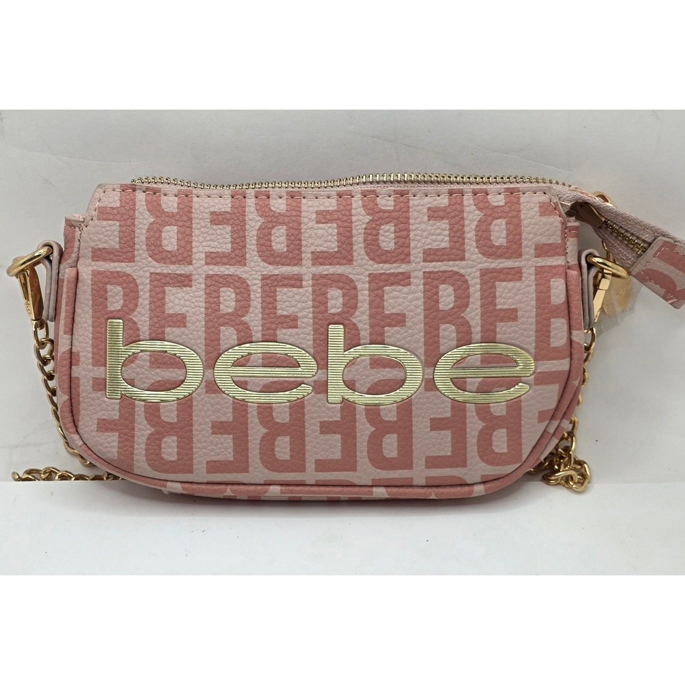 Bebe Pink Logo Print Crossbody Bag Gold Tone Chain Strap Faux Leather Small
